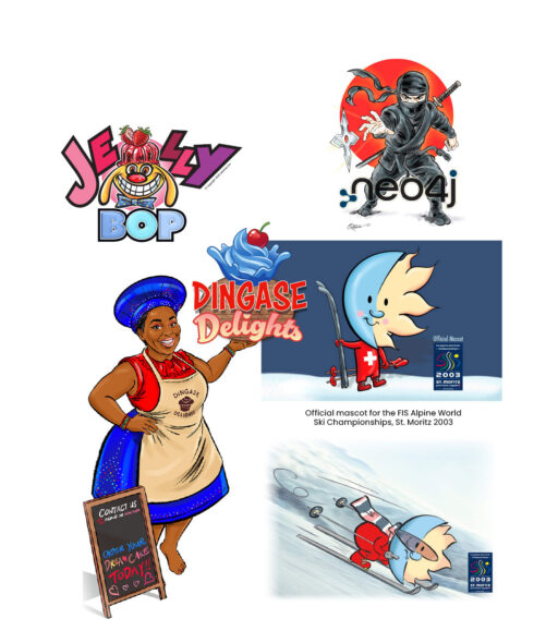 Character design and mascot illustration by Ian David Marsden, including Smoony for the FIS Alpine World Ski Championships, Dingase Delights, Jelly Bop and neo4j character artwork.
