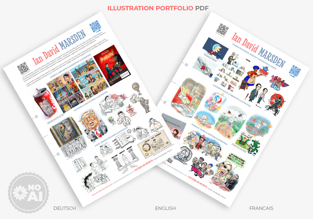 Ian David Marsden illustration portfolio PDF 2026 shown as English, German and French download versions with two sample portfolio pages.