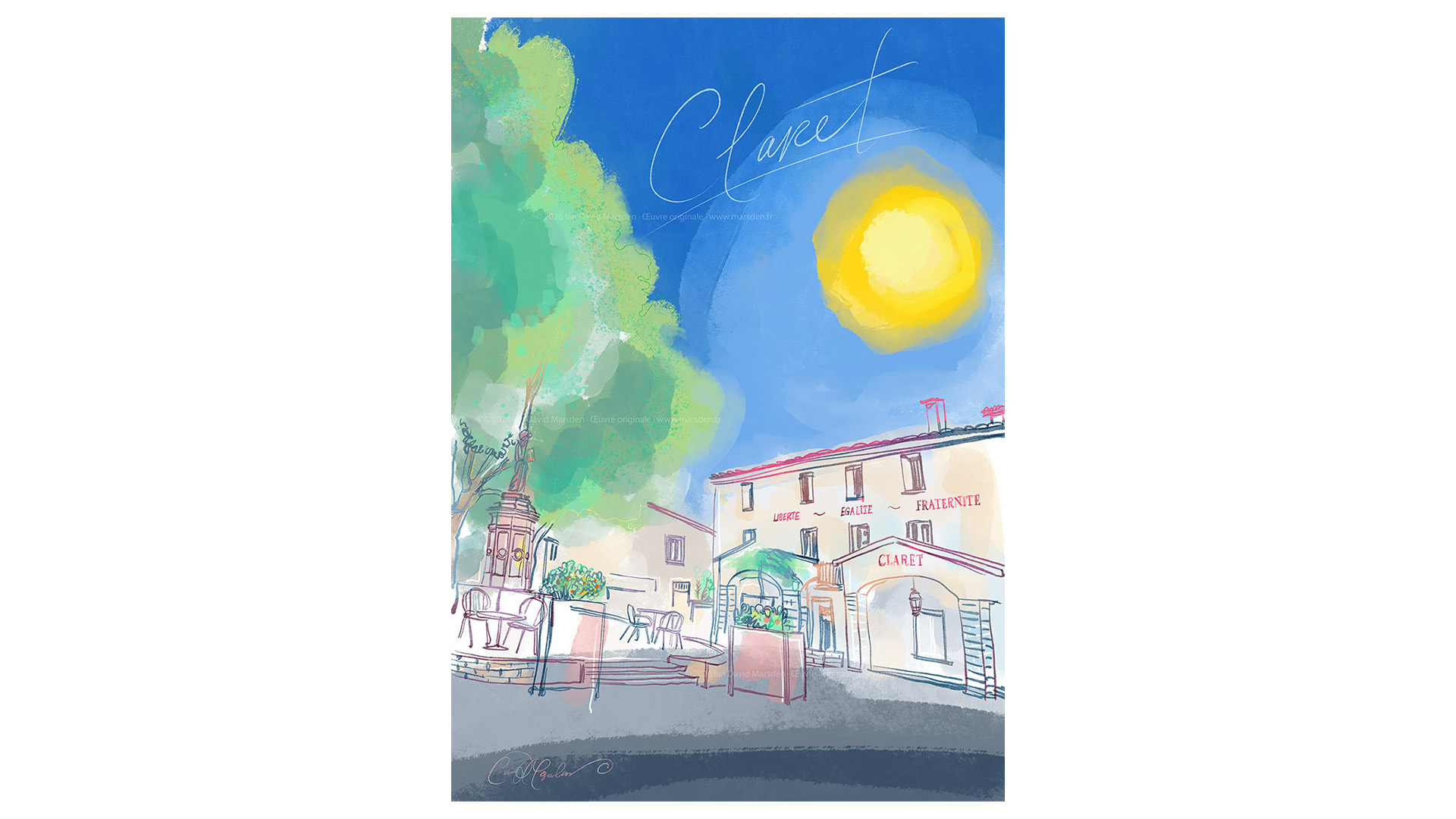 Œuvre de Ian David Marsden représentant la place de la mairie de Claret, dans le Pic Saint-Loup