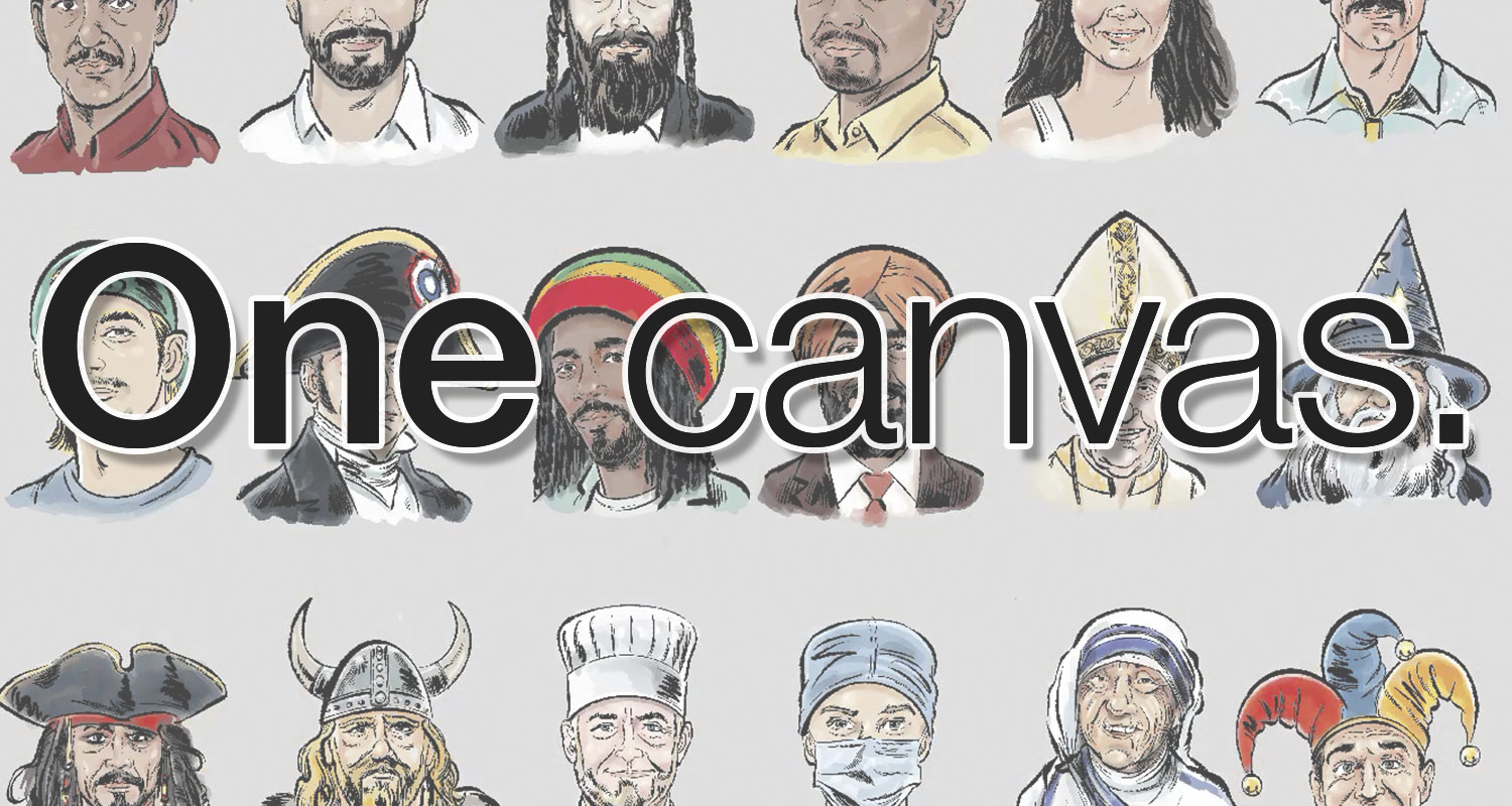 Hand-drawn portraits of people from different cultures with the words “One canvas.” from Ian David Marsden’s 8 Billion Perspectives illustrated short.