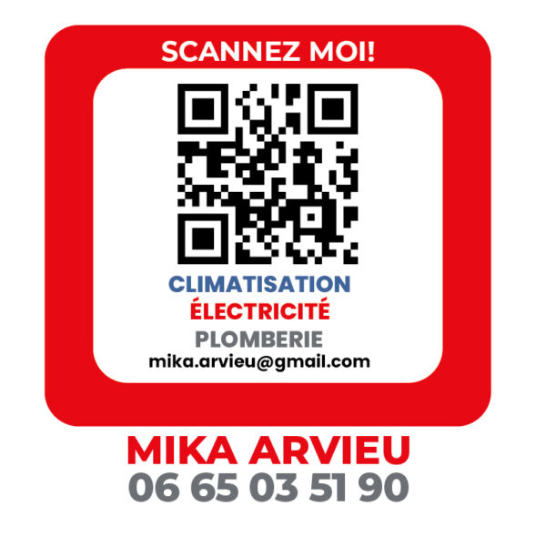 Petit autocollant Mika Arvieu avec QR code, téléphone et services de climatisation, électricité et plomberie.