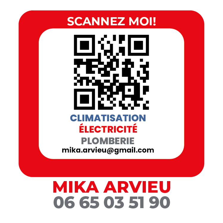 Petit autocollant Mika Arvieu avec QR code, téléphone et services de climatisation, électricité et plomberie.