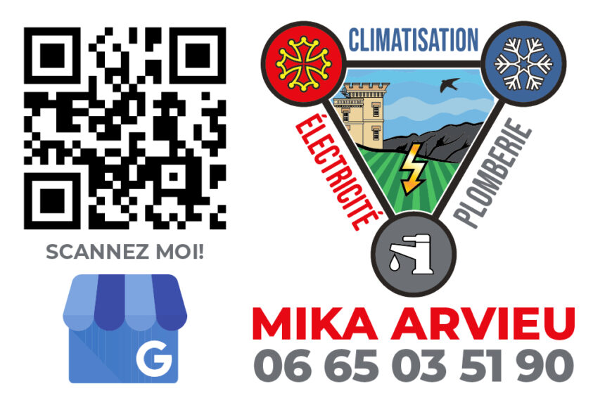 Grand autocollant avec QR code Google, logo Mika Arvieu et coordonnées pour climatisation, électricité et plomberie.