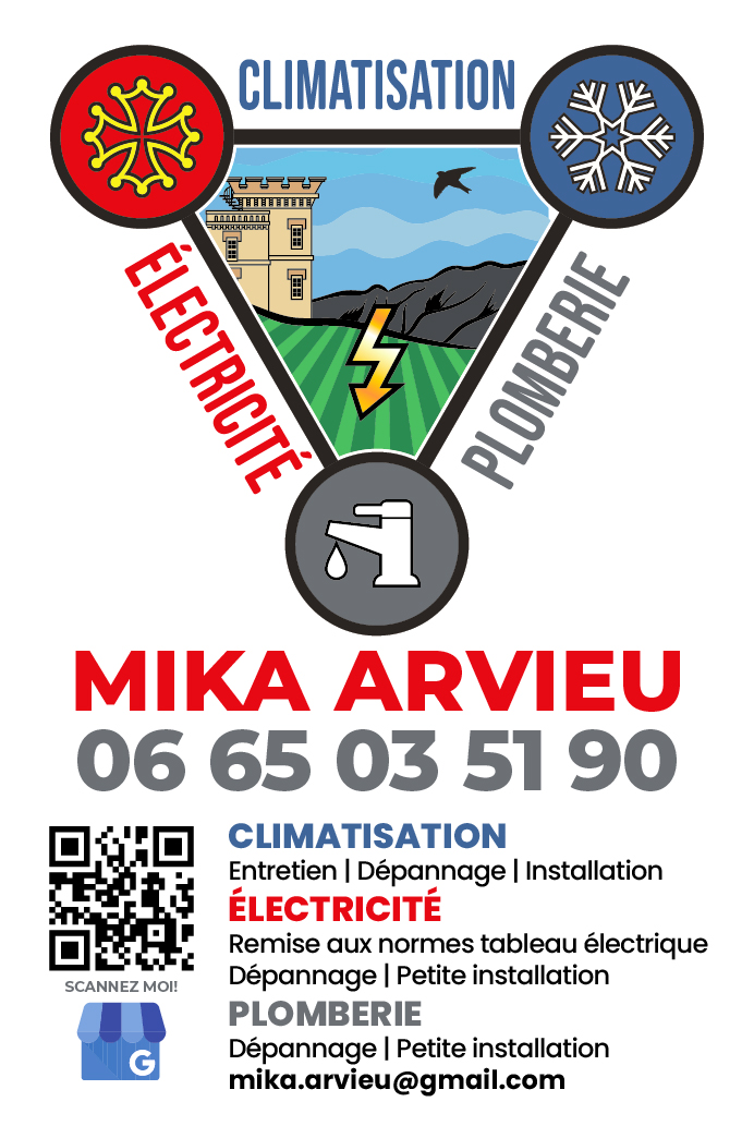 Carte de visite Mika Arvieu avec logo régional, coordonnées, QR code et services de climatisation, électricité et plomberie.