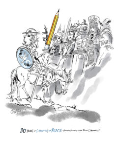 Original editorial cartoon by Ian David Marsden created for the 20th anniversary of Cartooning for Peace.