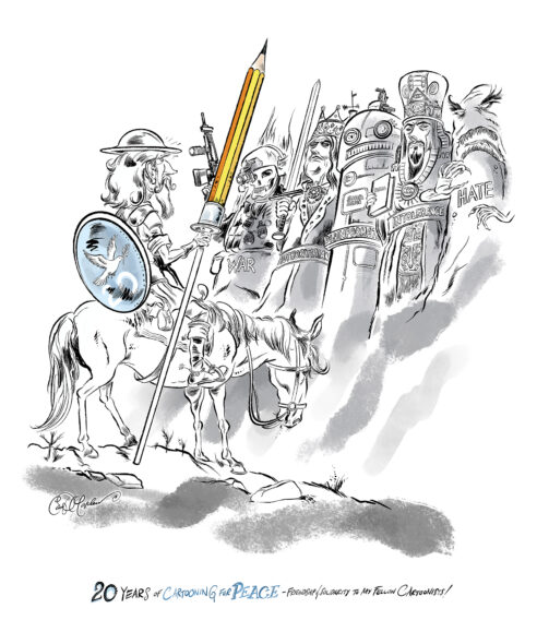 Original editorial cartoon by Ian David Marsden created for the 20th anniversary of Cartooning for Peace.