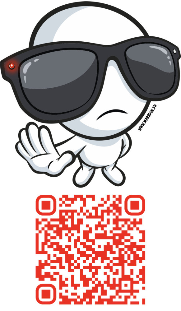 No Recording Mark illustration of a character in camera smart glasses raising a stop hand, with a red QR code below.