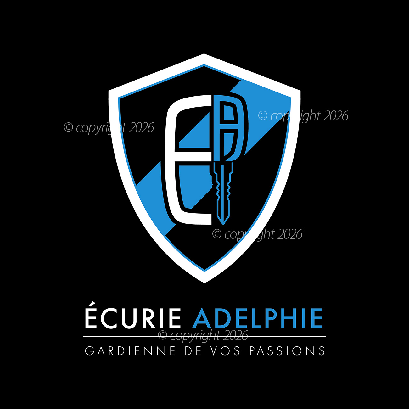 Écurie Adelphie luxury car logo featuring a shield, stylized EA monogram and automotive key