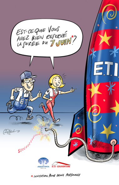 Deux personnages E.T.I. célèbrent avec champagne et cierges magiques dans le deuxième teaser illustré annonçant la soirée du 7 juin.