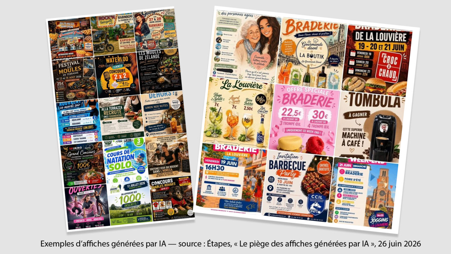 Collage d’exemples d’affiches générées par IA présenté dans un article du magazine Étapes sur la communication visuelle