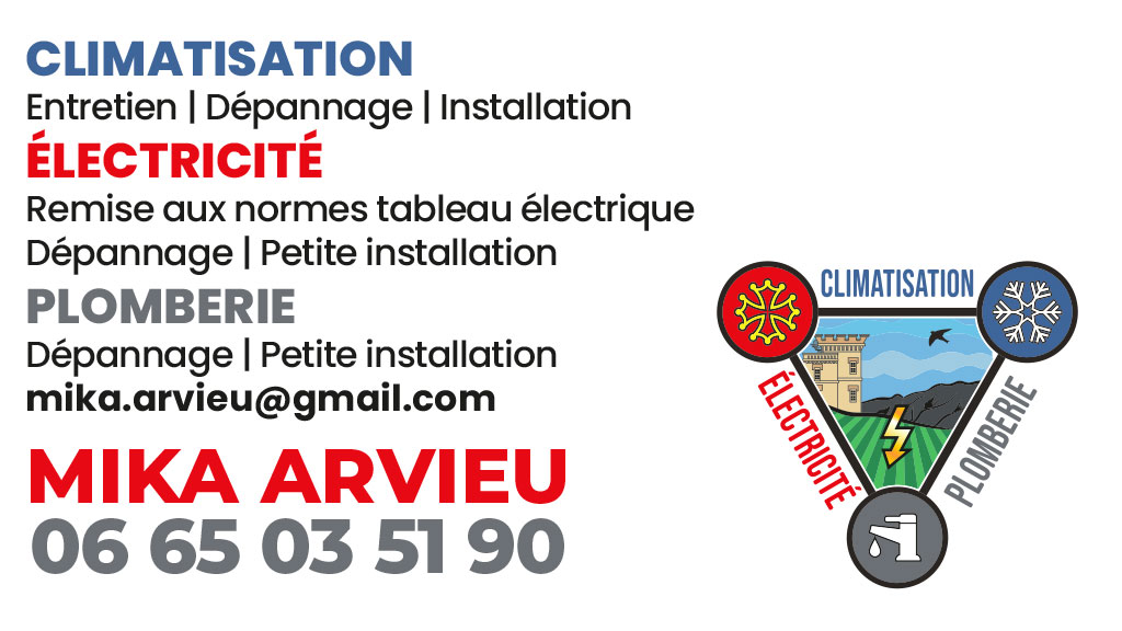 Visuel Google Business Mika Arvieu présentant ses services de climatisation, électricité et plomberie avec le logo régional.