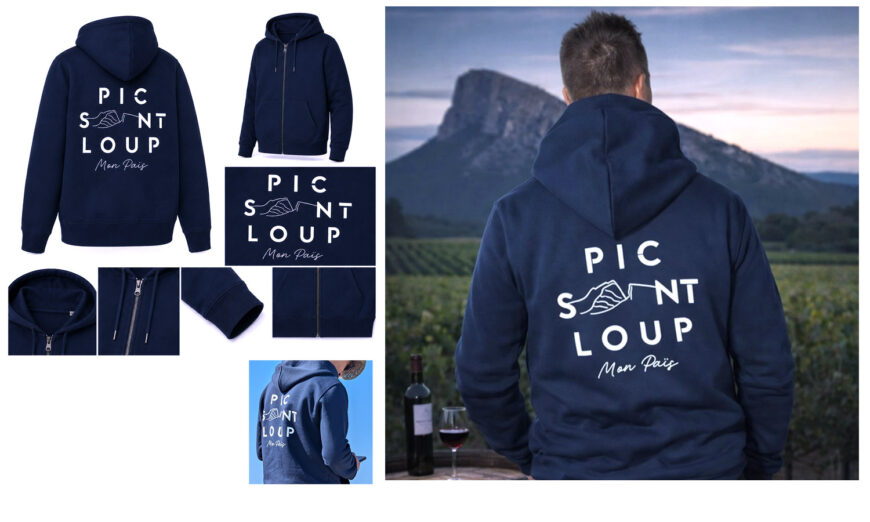 Hoodie bleu marine Pic Saint-Loup – mon païs avec grand logo blanc dans le dos devant le massif du Pic Saint-Loup.