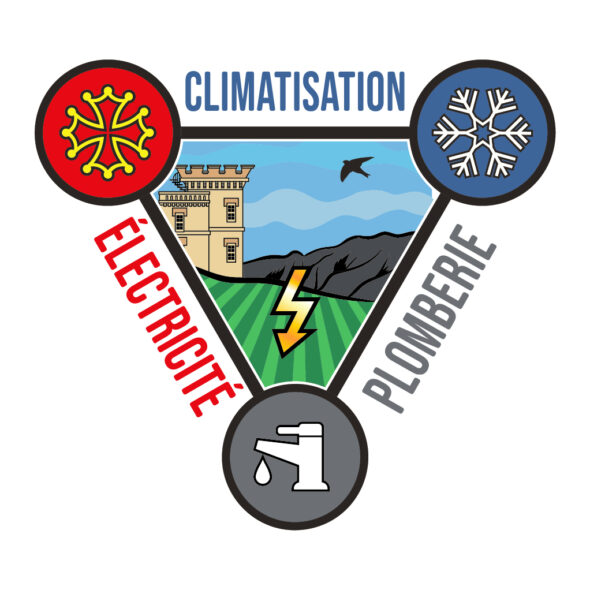 Logo couleur Mika Arvieu avec Croix occitane, Observatoire du Mont Aigoual et symboles de climatisation, électricité et plomberie.