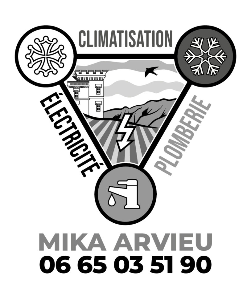 Logo Mika Arvieu en noir et blanc avec Observatoire du Mont Aigoual, Croix occitane, flocon, éclair et robinet.