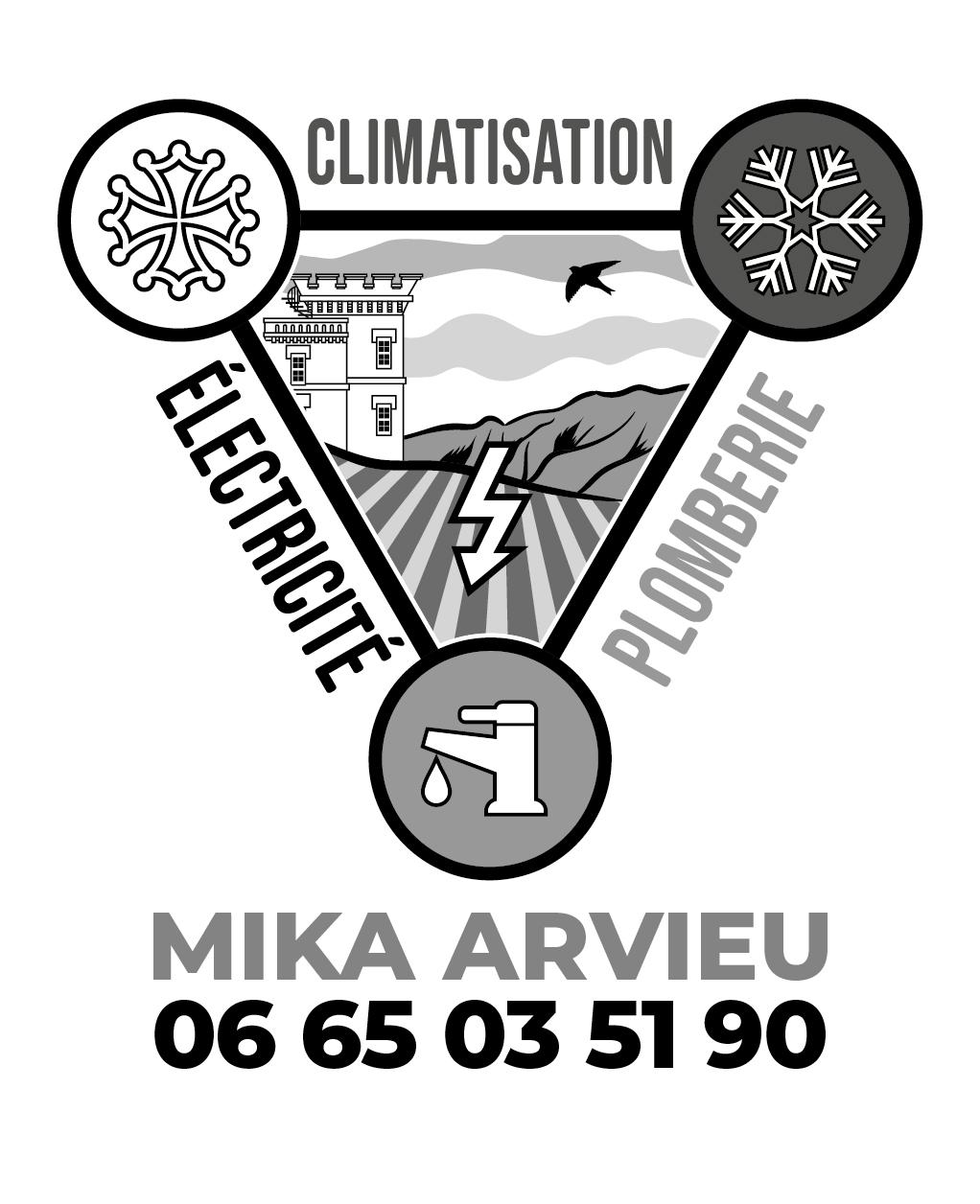 Logo Mika Arvieu en noir et blanc avec Observatoire du Mont Aigoual, Croix occitane, flocon, éclair et robinet.