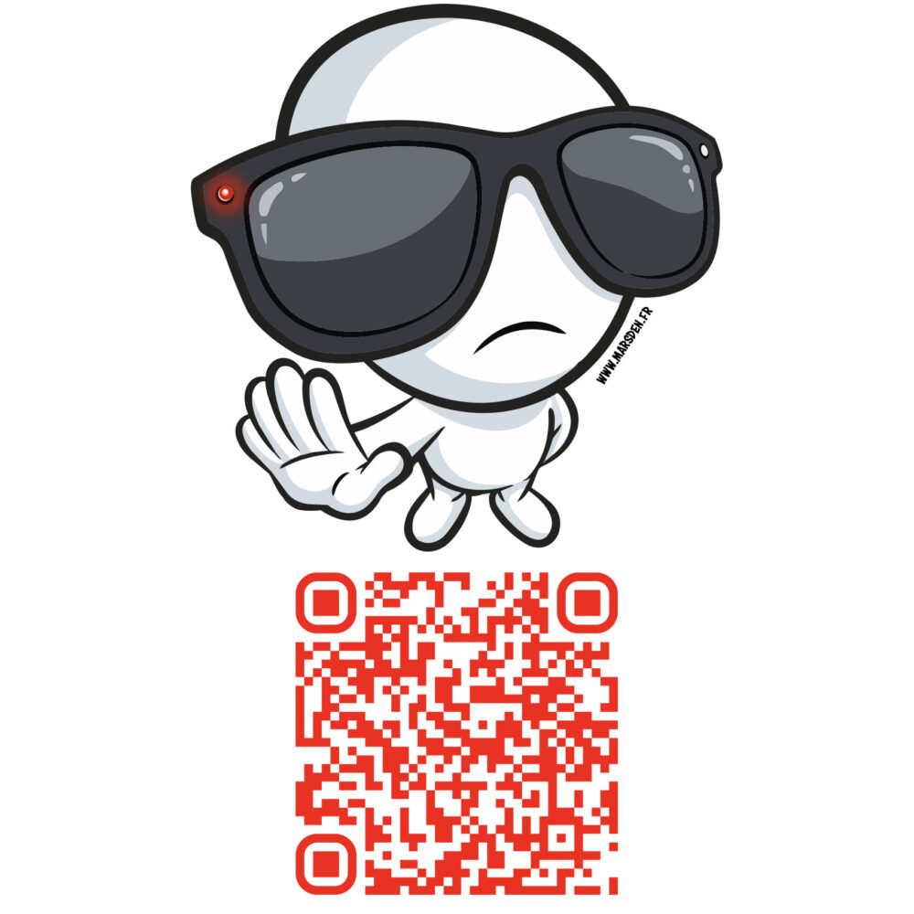 No Recording Mark character wearing smart glasses and making a stop gesture above a red QR code.