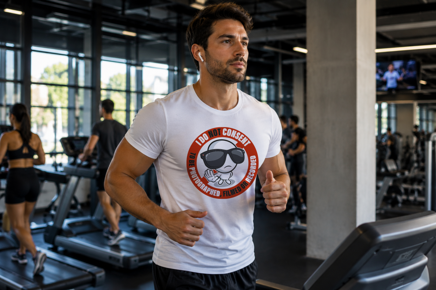 Man wearing the Non-Consent Mark T-shirt while exercising in a gym