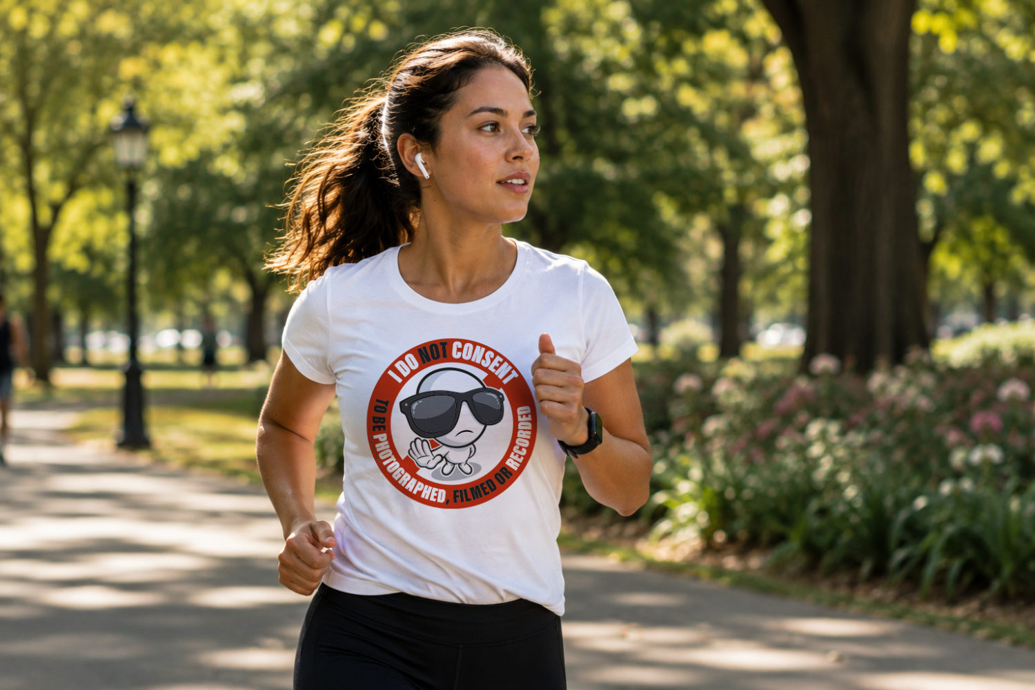 Woman wearing the Non-Consent Mark T-shirt while jogging in a park