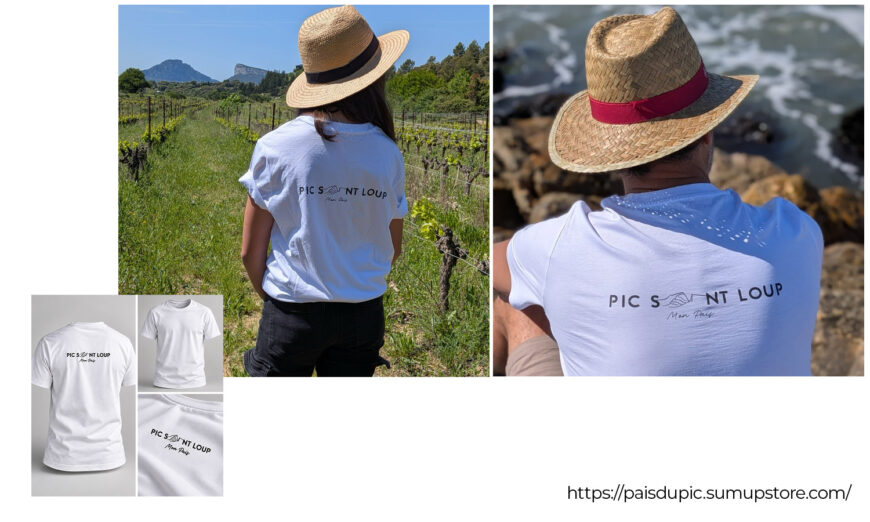 T-shirt blanc Pic Saint-Loup – mon païs porté dans les vignes avec le Pic Saint-Loup en arrière-plan et au bord de la mer.