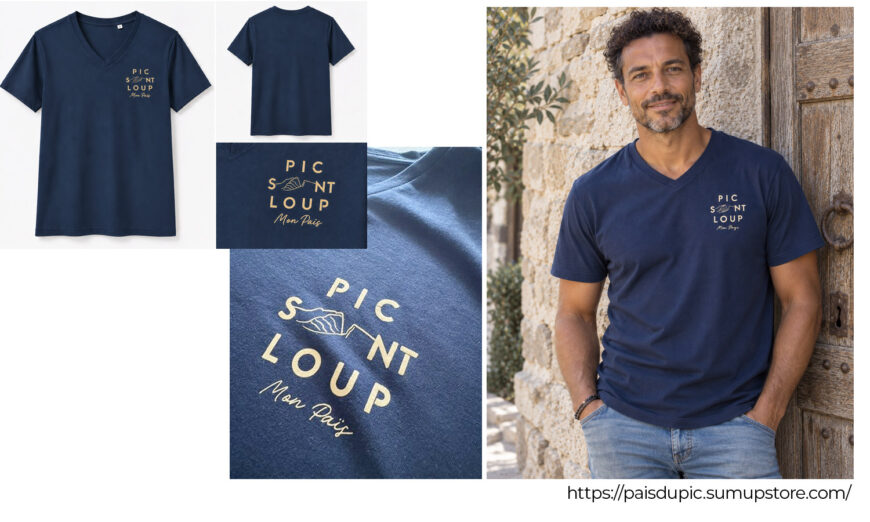 T-shirt bleu marine Pic Saint-Loup – mon païs avec logo doré sur la poitrine et détail du marquage.