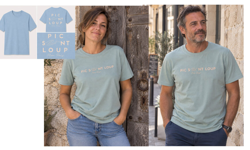 T-shirts vert sauge Pic Saint-Loup – mon païs portés par une femme et un homme, avec logo clair sur la poitrine.