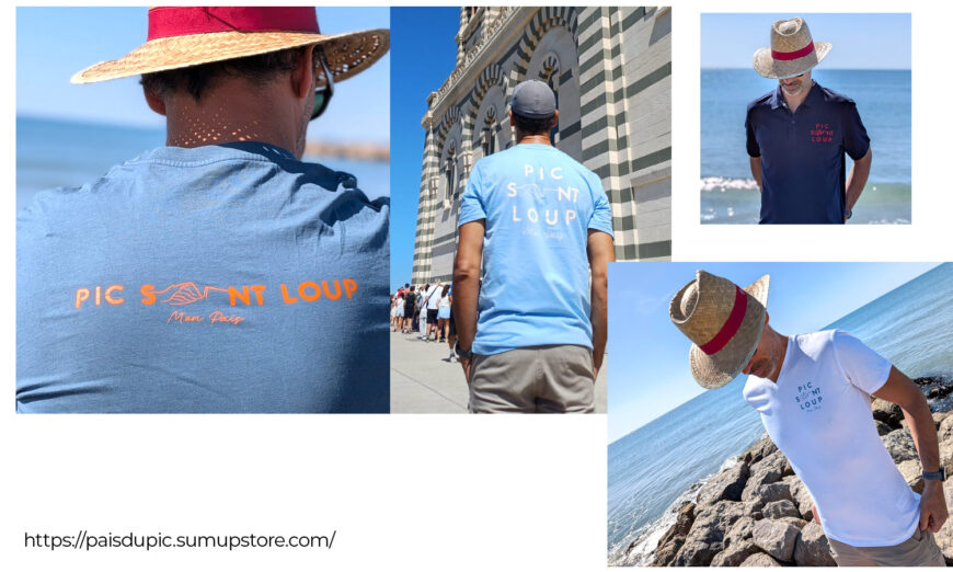 T-shirts et polo Pic Saint-Loup – mon païs portés en extérieur, avec différentes déclinaisons du logo
