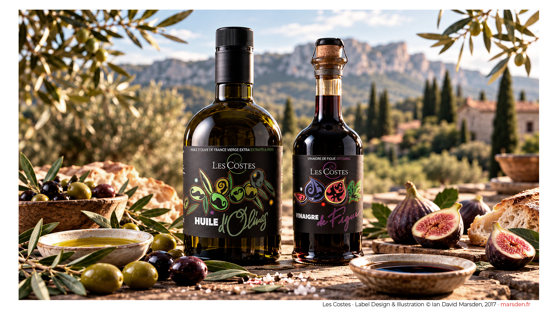 Two dark glass bottles of French olive oil and fig vinegar featuring original illustrated labels by Ian David Marsden, surrounded by olives, figs, and Mediterranean scenery.