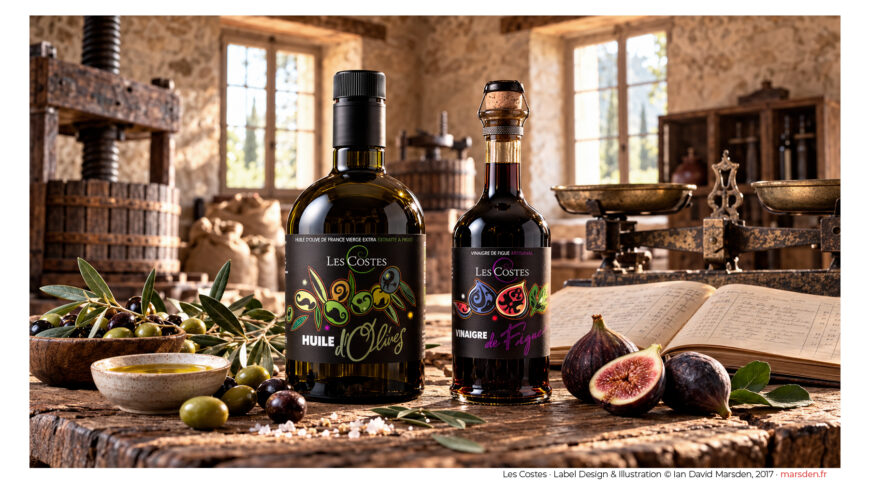 Olive oil and fig vinegar bottles with original illustrated labels by Ian David Marsden, displayed on a wooden table in a traditional French olive mill.