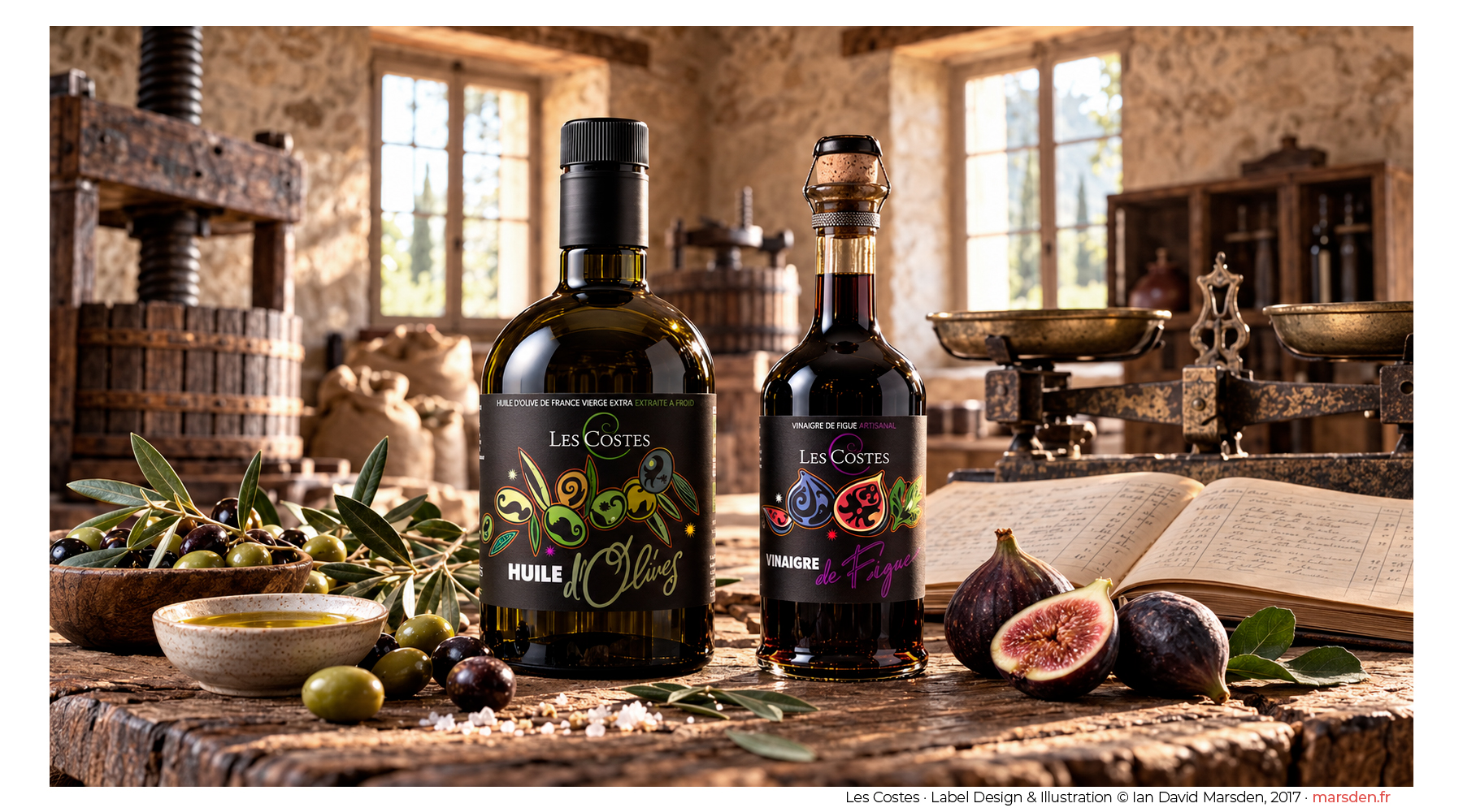 Les Costes illustrated olive oil and fig vinegar bottle presentations in a traditional French mill setting with old presses, stone walls and a handwritten ledger.