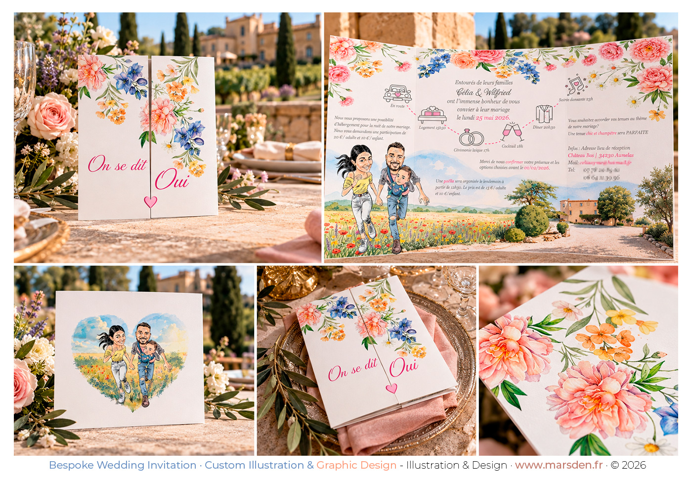 Bespoke illustrated wedding invitation presented in an elegant Provençal setting, showing its floral folding cover, illustrated interior and personalised family artwork.