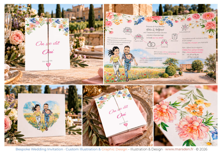 Bespoke illustrated wedding invitation presented in an elegant Provençal setting, showing the floral gatefold cover, illustrated interior, family portrait and decorative artwork.