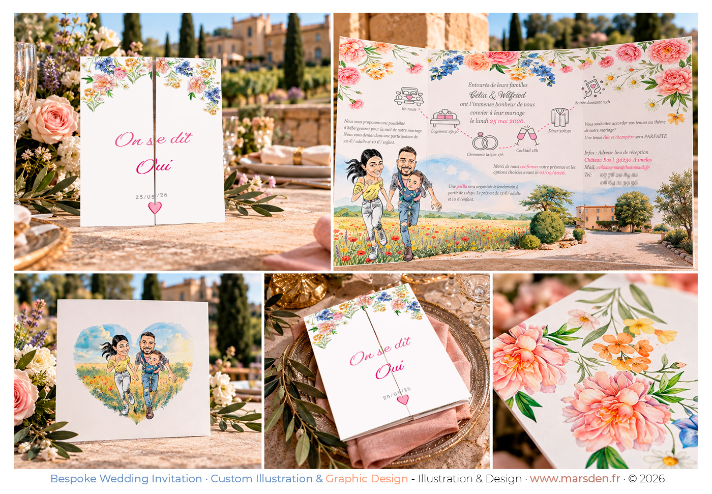 Bespoke illustrated wedding invitation presented in an elegant Provençal setting, showing the floral gatefold cover, illustrated interior, family portrait and decorative artwork.