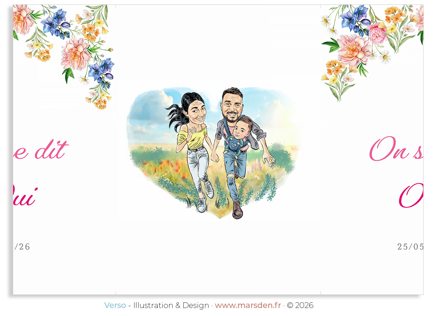 Complete reverse of a folding wedding invitation with floral illustrations, a central heart-shaped family portrait and pink lettering extending across the two front flaps.