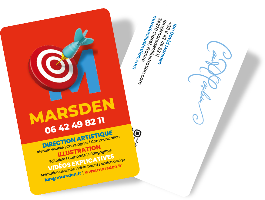 Front and back of Ian David Marsden’s business card, with his illustrated Marsden identity and contact details
