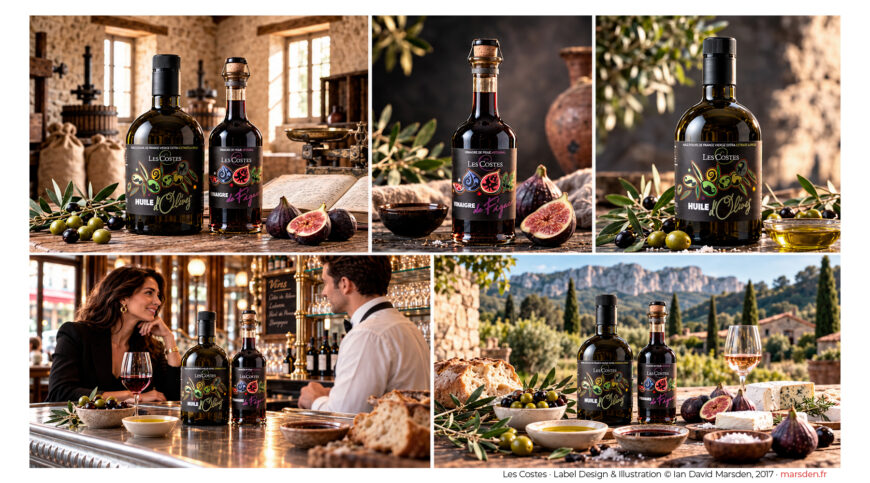 Four-image presentation showing illustrated olive oil and fig vinegar labels by Ian David Marsden in studio, restaurant, and traditional production settings.