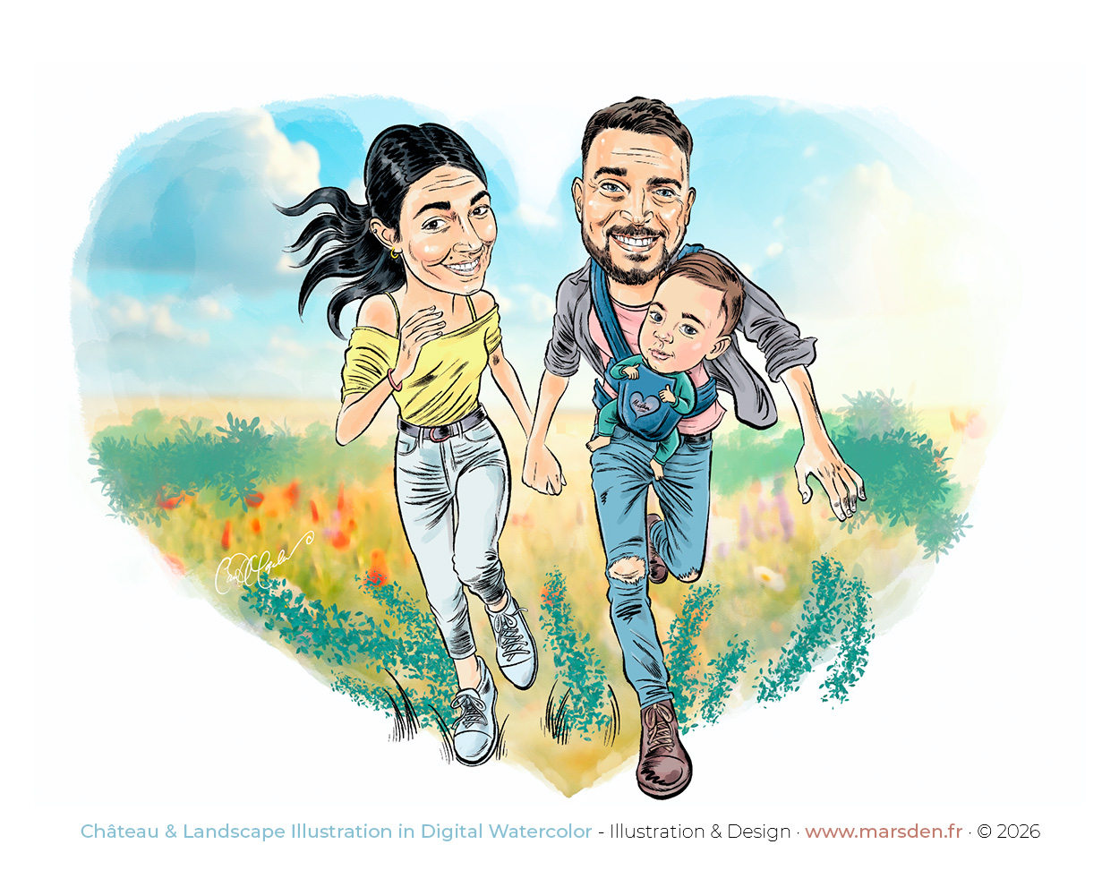 Illustrated portrait of a bride, groom and their baby running together through a meadow, surrounded by a heart-shaped digital watercolour landscape.