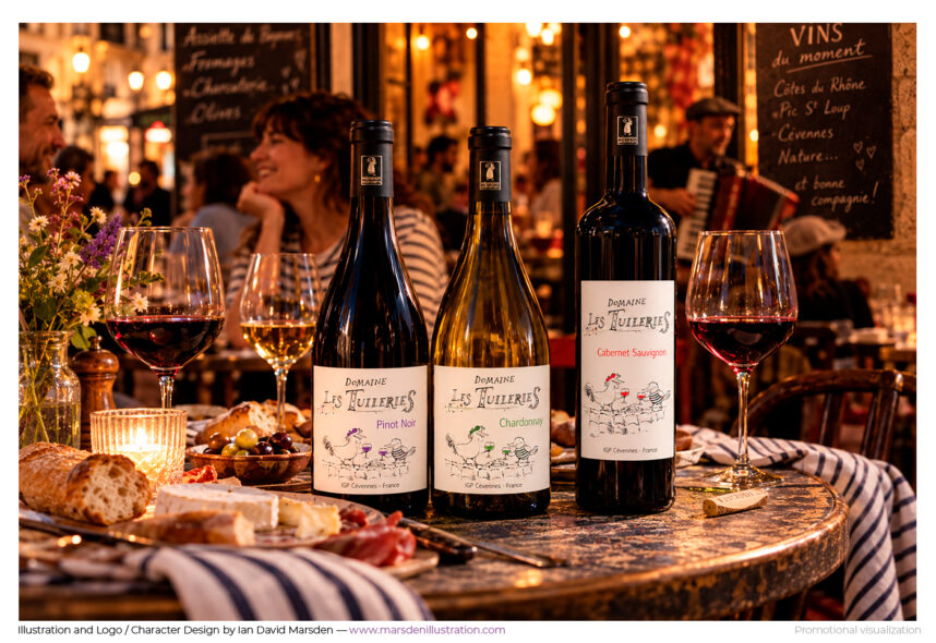 Domaine Les Tuileries Pinot Noir, Chardonnay and Cabernet Sauvignon bottles on a French bistro table with wine glasses, cheese, bread and an accordion player in the background.
