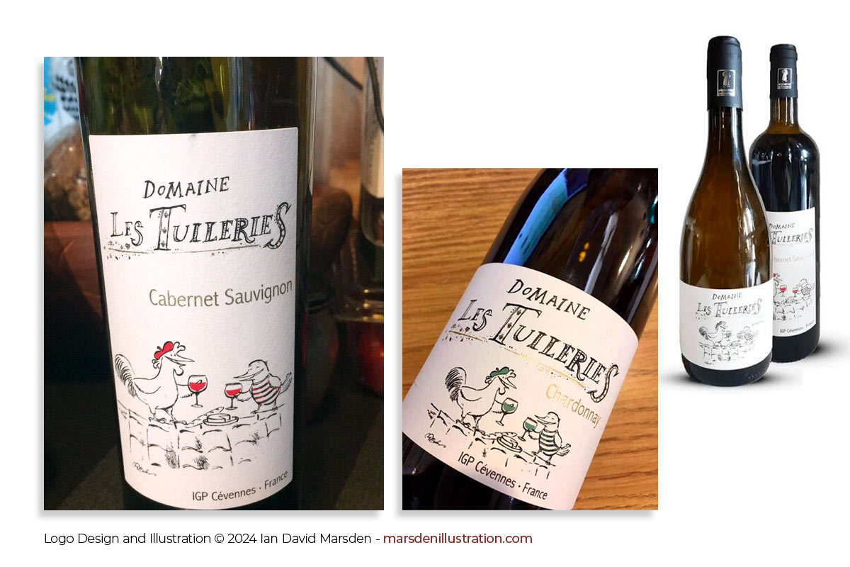Original Domaine Les Tuileries Cabernet Sauvignon and Chardonnay bottles showing hand-drawn wine labels, custom lettering and illustrated characters by Ian David Marsden.