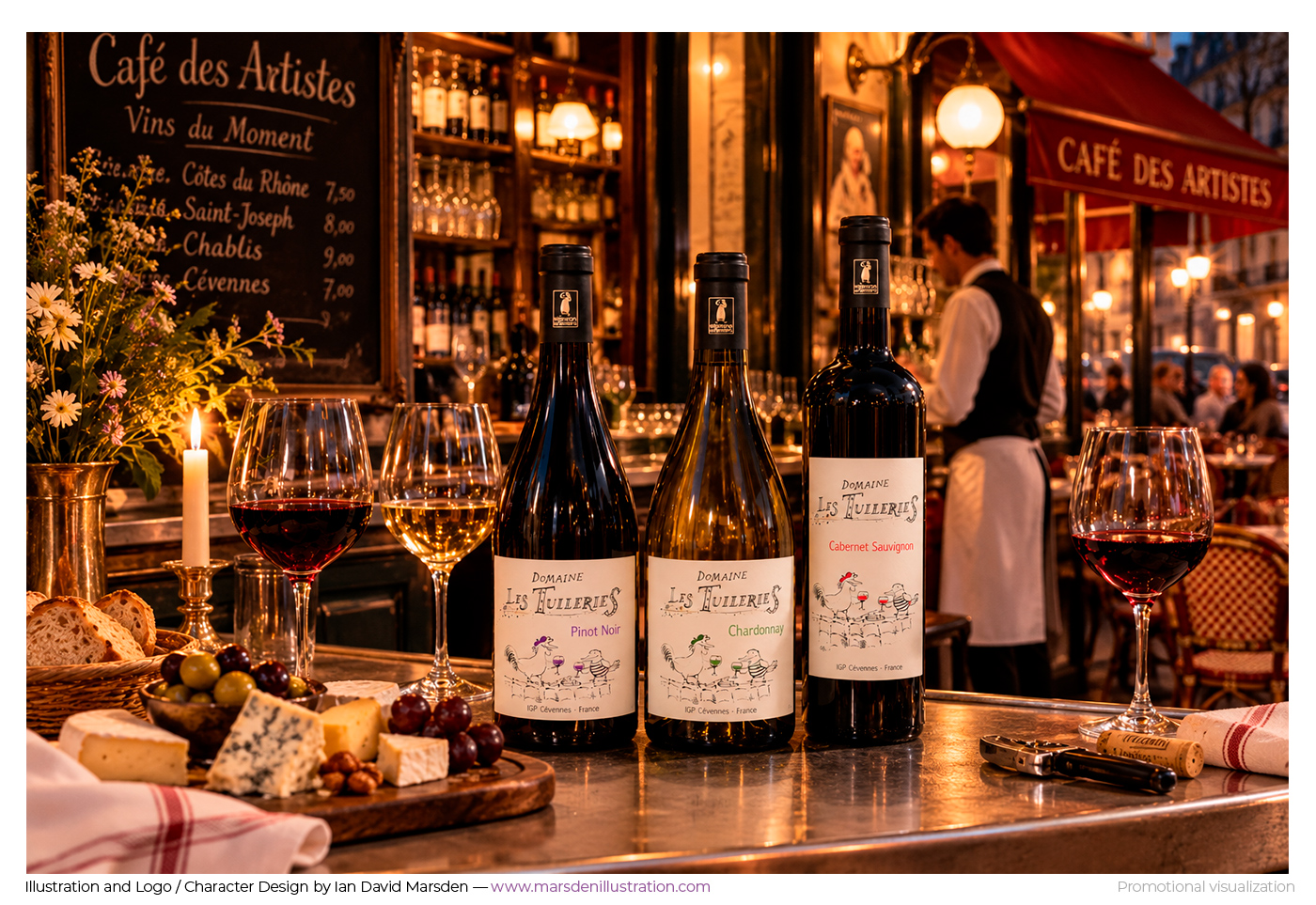 Domaine Les Tuileries Pinot Noir, Chardonnay and Cabernet Sauvignon bottles on a zinc Paris café counter with wine glasses, bread and cheese.