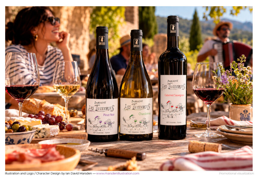 Domaine Les Tuileries Pinot Noir, Chardonnay and Cabernet Sauvignon bottles on a sunny French terrace with wine, cheese, bread, flowers and tableware.