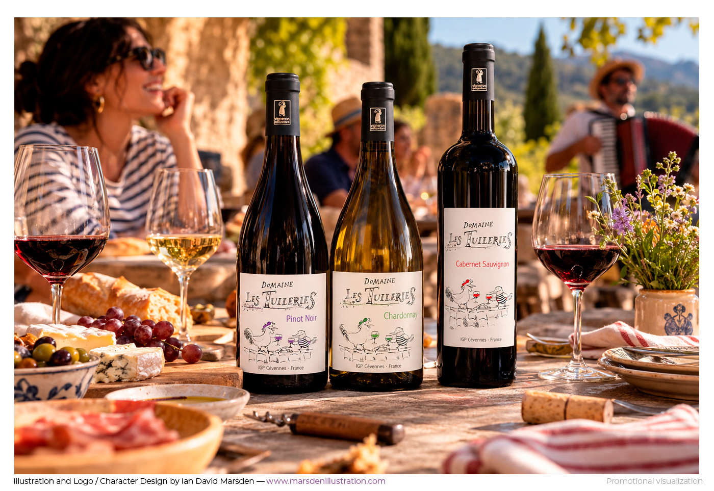 Domaine Les Tuileries Pinot Noir, Chardonnay and Cabernet Sauvignon with hand-drawn wine labels by Ian David Marsden