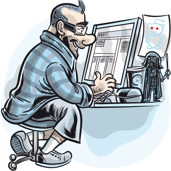 Cartoon eines Illustrators, der am Computer arbeitet