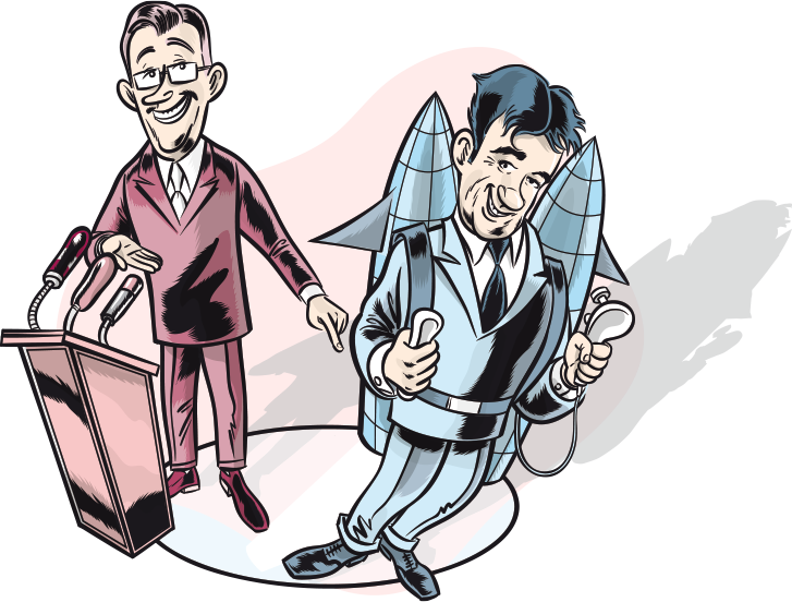 Handgezeichneter Cartoon eines Mannes mit Raketenrucksack