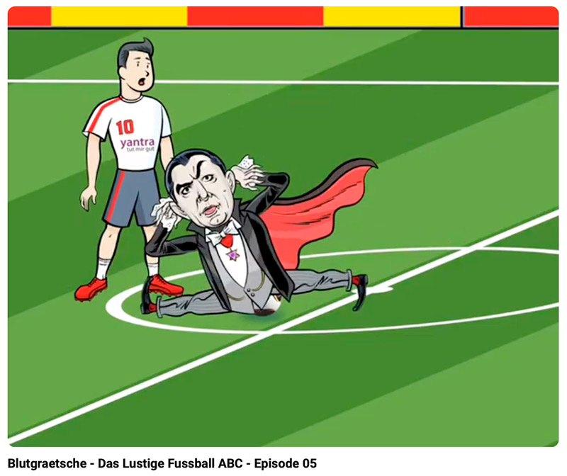 Handgezeichnete Cartoonillustration aus «Blutgrätsche», einer Episode des Schweizer Fussball-ABC von Helmi Sigg und Ian David Marsden.