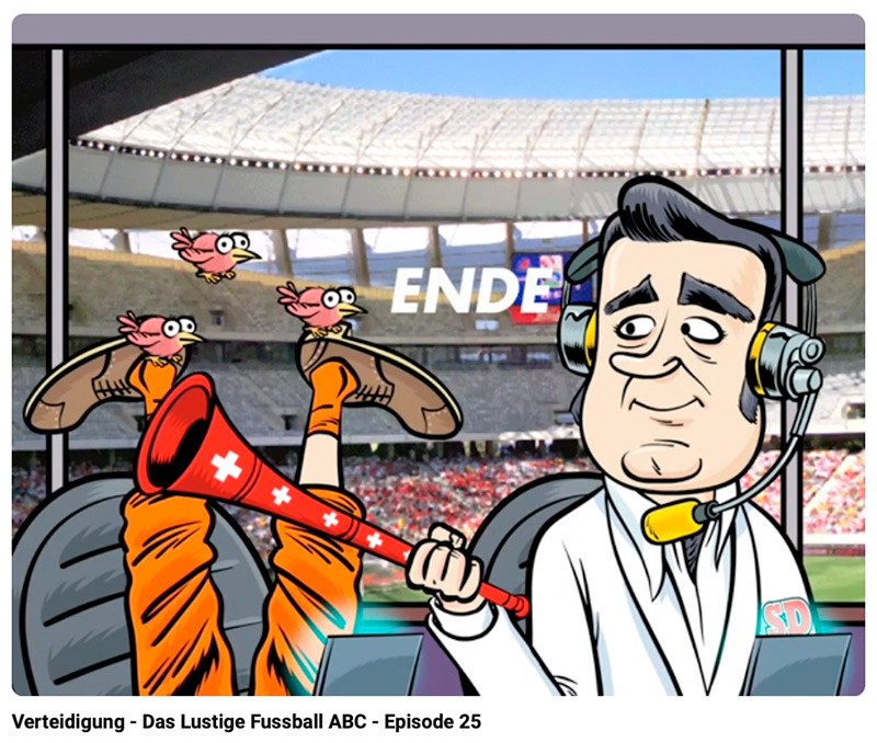 Gezeichneter Fussballkommentator mit Kopfhörer und Schweizer Fanhorn vor einer Stadionkulisse – Fussball-ABC, Episode 25.