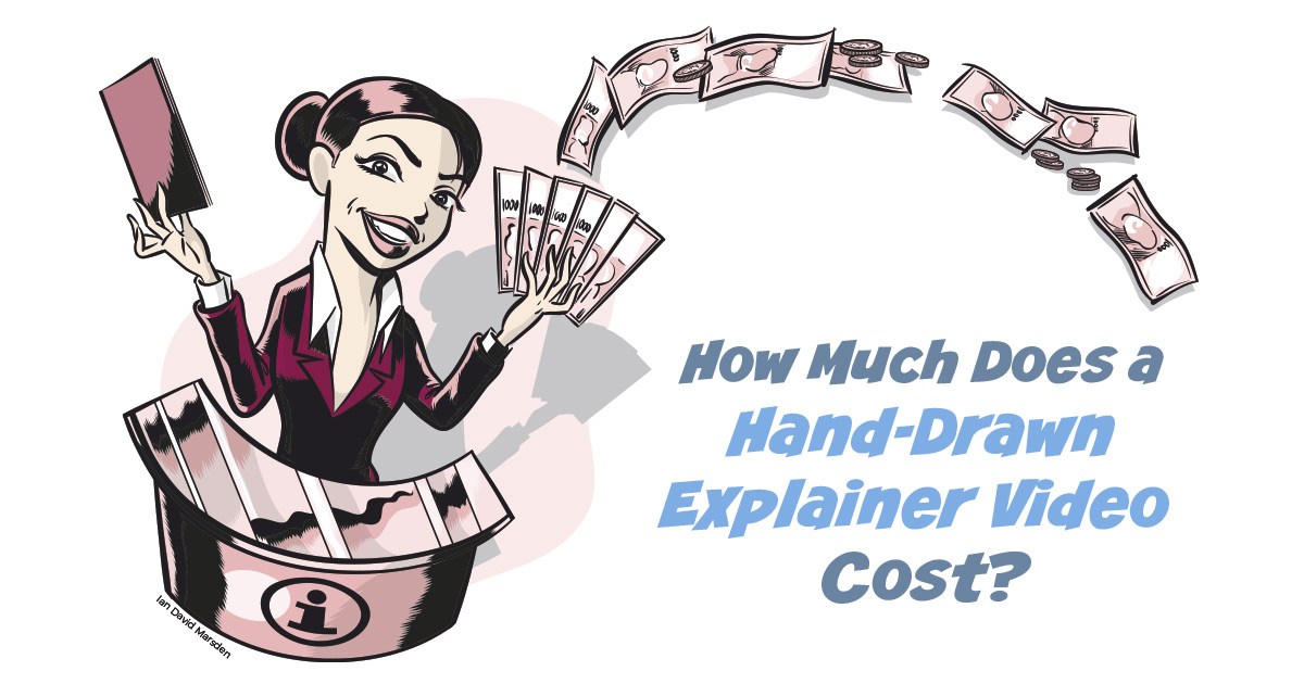 Title graphic reading “How Much Does a Hand-Drawn Explainer Video Cost?” beside a cartoon woman holding money