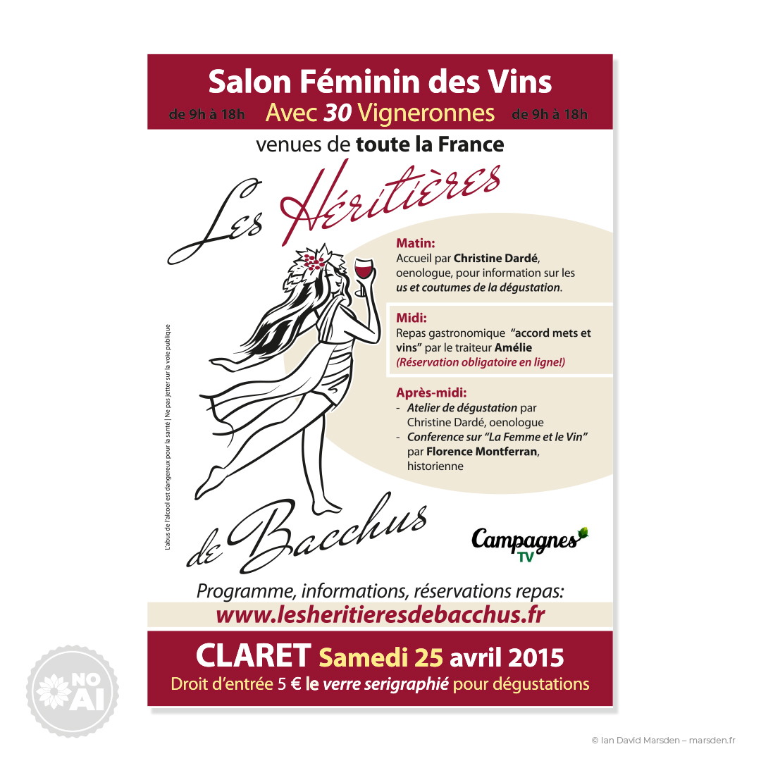 Affiche du salon féminin des vins Les Héritières de Bacchus à Claret en 2015, avec le logo illustré d’une femme levant un verre.
