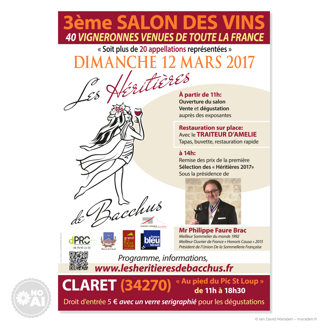 Affiche de la troisième édition du salon Les Héritières de Bacchus en 2017, avec son illustration féminine, ses informations pratiques et ses partenaires.