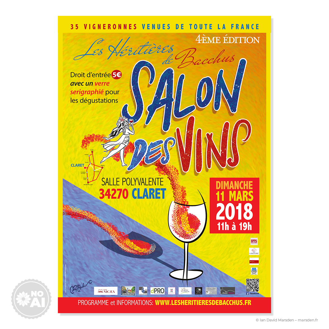 Affiche jaune et orange du Salon des Vins Les Héritières de Bacchus 2018 à Claret, avec typographie bleue et rouge, illustration d’un verre de vin et date du 11 mars.
