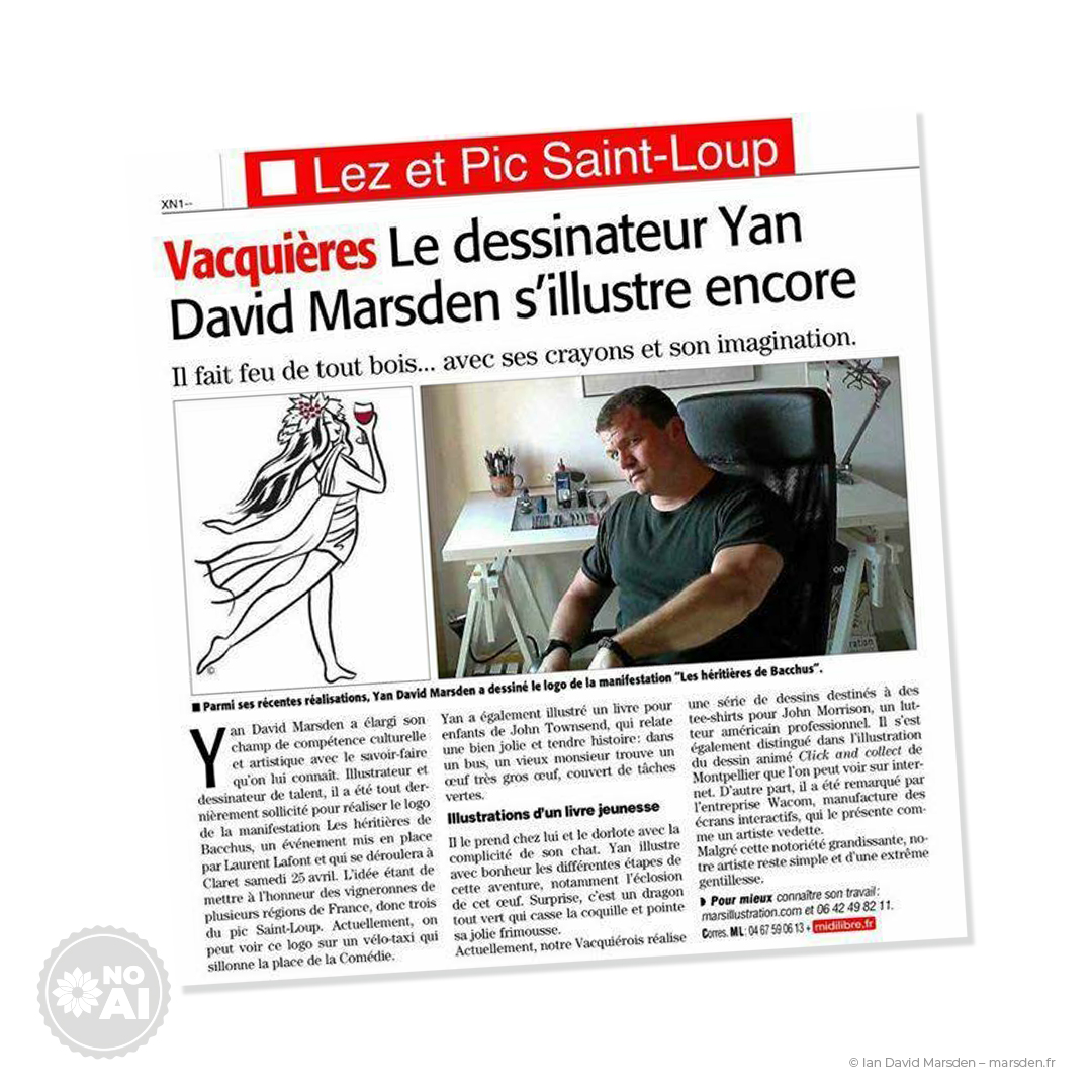 Coupure du journal Midi Libre présentant Ian David Marsden et son illustration créée pour le salon Les Héritières de Bacchus à Claret.
